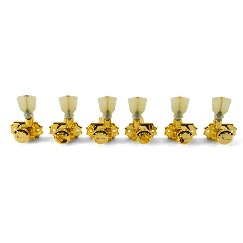 Kluson Revolution Locking Tuners 3x3 Pearloid keystone button - Gold KRGL-3-GP image 1