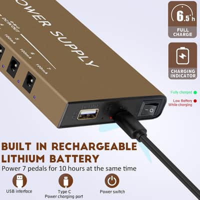 Guitar Pedal Power Supply,Lotkey Power Supply Portable 7 Isolated DC Output Built-in Rechargeable Battery Power Supply for 9V Guitar Bass Effect Pedals with USB Port for iPhone iPad image 2
