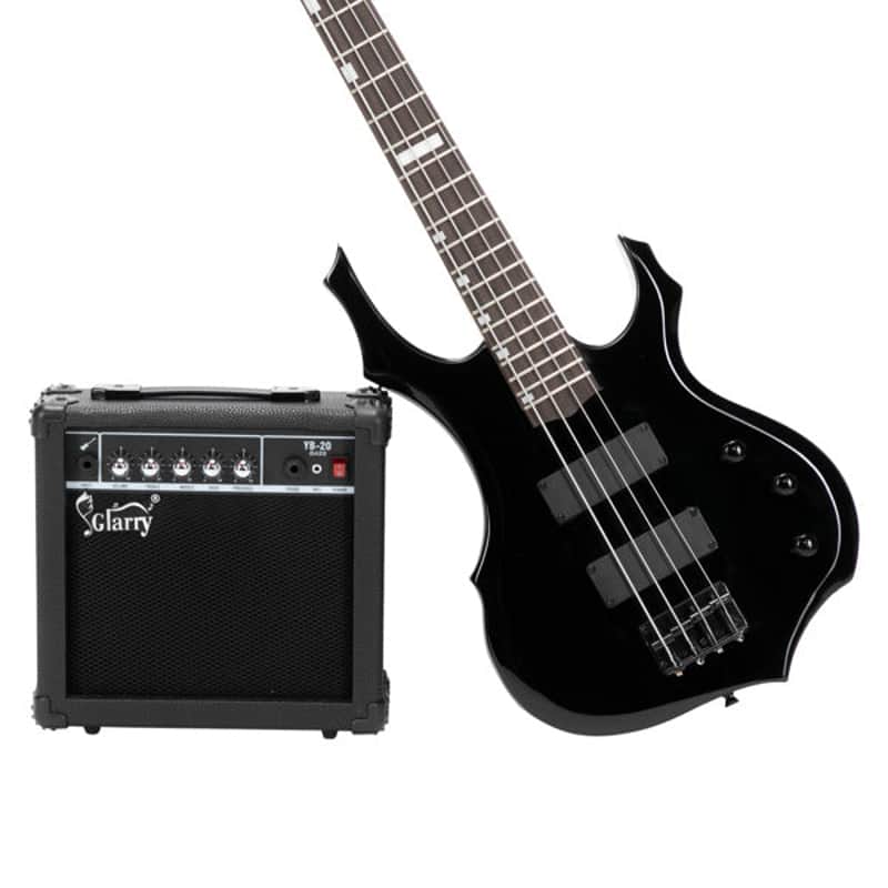 Full Size Glarry 4 String Burning Fire enclosed H-H Pickup Electric Bass Guitar with 20W Amplifier/ Bag/ Black image 1