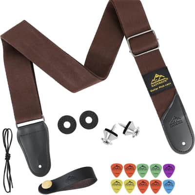 Guitar Strap 17 Set, Adjustable Cotton Straps with Picks Holders, 2 Strap Buttons, 2 Rubber Strap Locks, Belt Buckle, Headstock Tie and 10 Picks for Acoustic/Electric Guitar/Bass(brown set) image 1