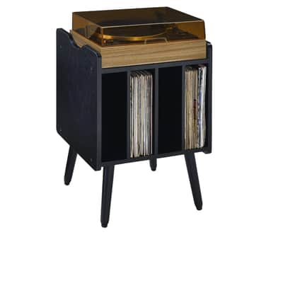 Vinyl Record Player Stand – Turntable Table with 4 Storage Cubbies for Up to 80 Albums (Black) image 1