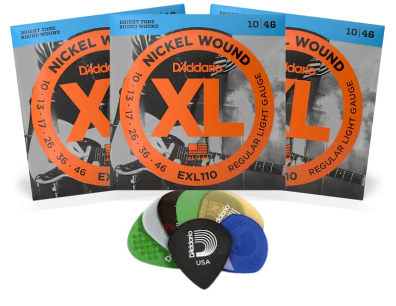 D'Addario 3 EXL110 Nickel Wound strings 9|42 + 1XVP4-5 Medium gauge pick variety pack image 1