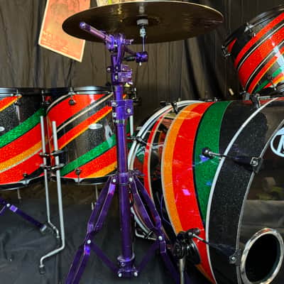 Rikki Rockett's Poison, Rockett Drum Works 2011 Tour Set. Maple/Carbon Fiber 18x22 (x2) 14.5x16, 12.5x14, 9.5x12. MultiColor Stripe Wrap image 7