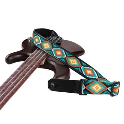 Strap for Guitar Ukrainian Nylon + Leather Ethnic Rhombus Blue Orange Colored image 4