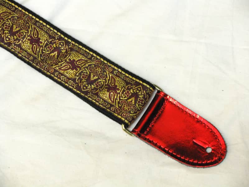 LM Jaquard gold weave pattern GUITAR strap NEW - LEATHER ends image 1
