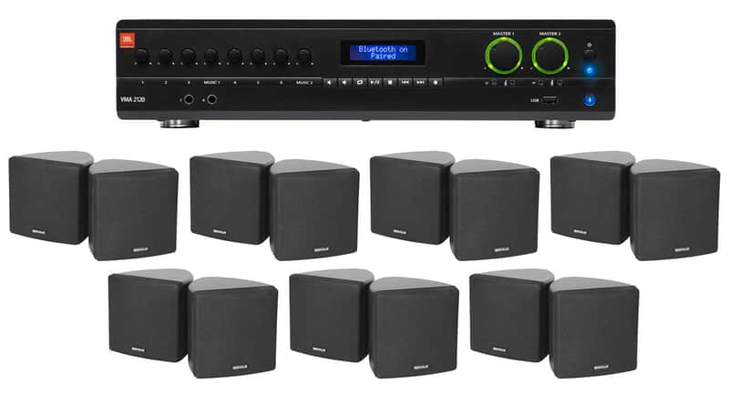 JBL 2-Channel Amplifier+(14) 3.5" Black Cube Speakers for Restaurant/Bar/Cafe image 1