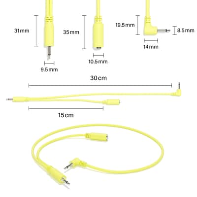 ExcelValley [Yellow | 45 cm - 17.72"] 5-Pack - Right Angle Hopscotch Mono Splitter Y Patch Cables TS 3.5mm 1/8" Eurorack Synth image 2