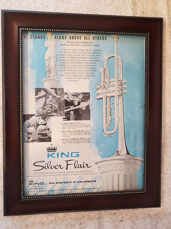 1965 King Horns Promotional Ad Framed King Silver Flair Trumpet Original image 1