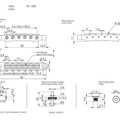 Schaller Germany GTM Tune-O-Matic Bridge with M5 Studs/Inserts, RUTHENIUM image 2