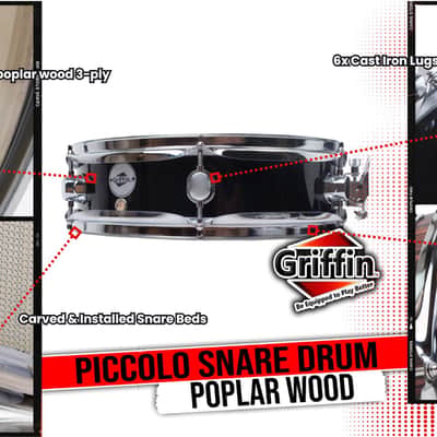 Griffin Snare Drum 13" x 3 - 5" -  Piccolo 100% Poplar Wood Shell with Black Finish and Coated Drum Head - Professional Drummers Percussion Instrument with Bright Tone and Brilliant Attack image 12