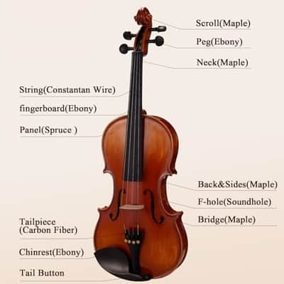 Violin 4/4 Full Size Set, Fiddle Solid Wood for professional Beginners Adults with Ironwood Octagonal Bow & Rosewood Bow Extra strings & Bridge, 2 Rosins, Tuner, Mute, Case(Solid Wood, 4/4) image 3