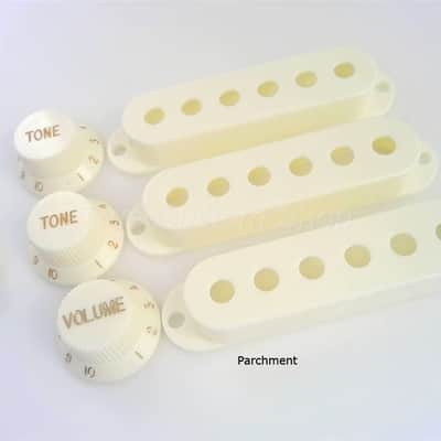 True Custom Shop® Parchment Single Coil Pickup Covers Tone & Volume Knobs & Tip Kit for Fender Strat image 1