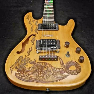Electric Guitar Handmade by Blueberry, 6 String wood Dragon motif Guitar, Custom Handcrafted Wooden Guitar, Semi Hollow Body Guitar image 2