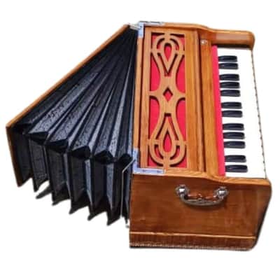 Shreeom Handicraft Harmonium Indian Wood Portable Harmonium Folding 2.5 Octave Harmonium With 2 Drone Notes 7 Bello Teak wood 2 Line Reed Male Bass Harmonium image 2