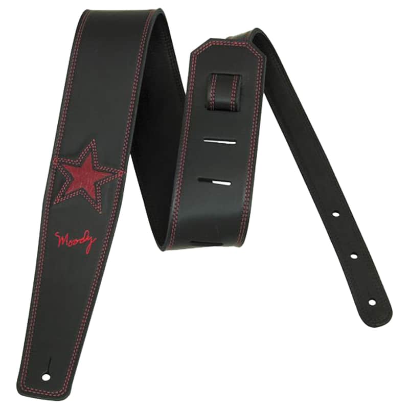 2.5" 1 Red STAR Black/Black Leather Backed Guitar Strap Long (adjusts from 47" - 54") + $15.00 image 1