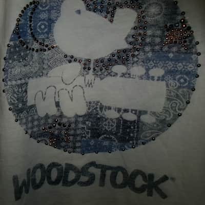 woodstock xs woman distressed sparkle gem tee -  love peace hendrix santana janis sly hippie image 1
