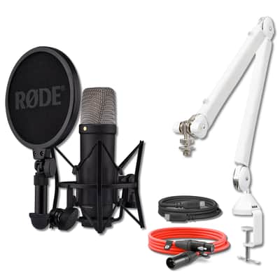 Rode NT1 5th Generation Condenser Microphone (Black) with Rode PSA1+ White Broadcast Microphone Boom Arm and XLR Cable image 1