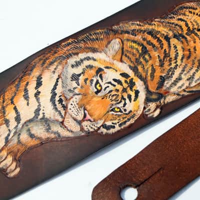 burnyblack custom made guitar strap leather 2.5" - tiger brown image 8