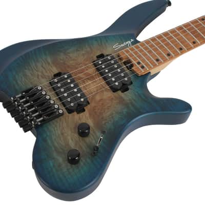 Swing UV-1F Matte Blue Burst Headless Electric Guitar Burl Top Fan Fret Multi Scale image 2