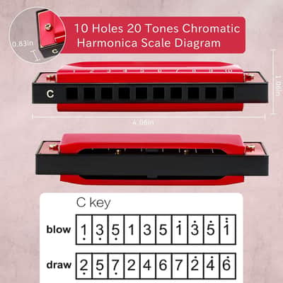 10 Hole C Key Diatonic Blues Harmonica, Brass Reed Metal Mouth Organ Red image 3