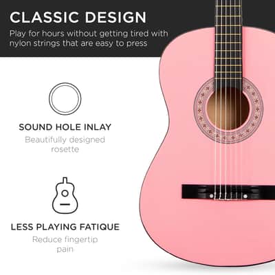 38in Beginner All Wood Acoustic Guitar Starter Kit w/Gig Bag, 6 Picks, Nylon Strings, Strap w/Pick Holder - Pink image 3