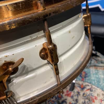Leedy - 14x5" 8-Lug Multi-Model Snare Drum - White Lacquered Brass with Gold Hardware. 1920s image 10