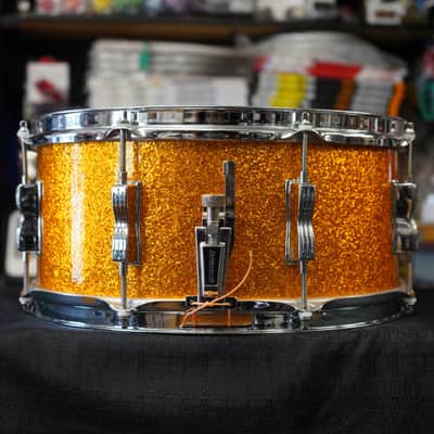1970s USA Ludwig 6.5x14" Maple Snare Drum - Blue/Olive Badge - Gold Sparkle Wrap image 15