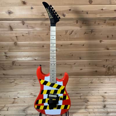 Kramer  Baretta Custom Graphics “Danger Zone” Electric Guitar - Warning Tape on White Red image 2