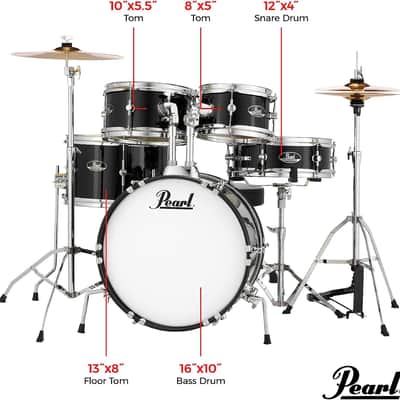 Pearl Roadshow Jr. 5-Piece Drum Set with Hardware and Cymbals - Jet Black (RSJ465C/C31) image 5