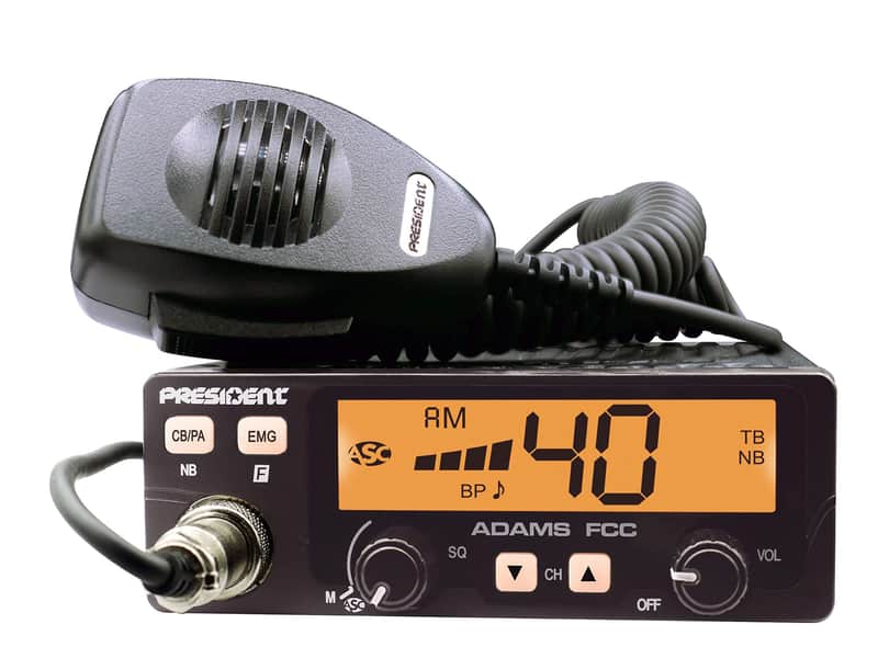 President Adams FCC CB Radio. Large LCD with 7 Colors, Programmable EMG Channel Shortcuts, Roger Beep and Key Beep, Electret or Dynamic Mic, ASC and Manual Squelch, Talkback image 1