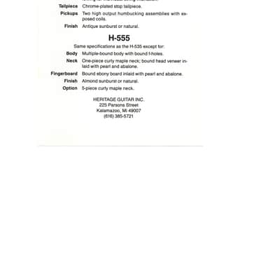 Heritage Guitars- H-535 & H-555, promotional print/cut sheet, 1988 image 2