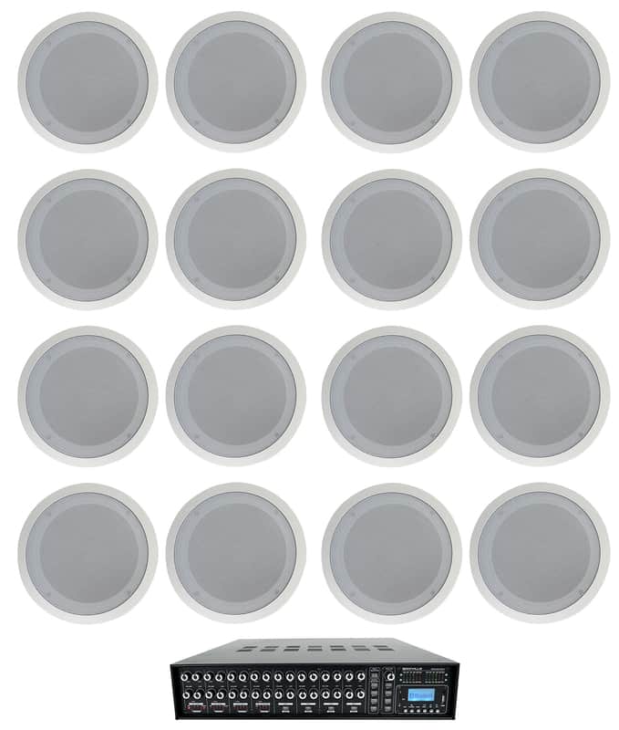 Rockville 4-Zone Multi Room Audio System w/ (16) 8" 70v White Ceiling Speakers image 1
