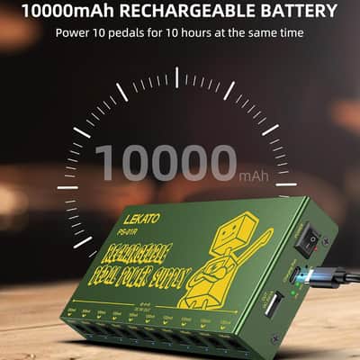 LEKATO PS-01R Built-in 10000mAh Rechargeable Battery Guitar Pedal Power Supply, 10 Isolated DC Outputs, 9V 300mA, 100mA Effect Pedal Boards Power Supply, 5V/1A USB Port, Short Circuit Protection image 2