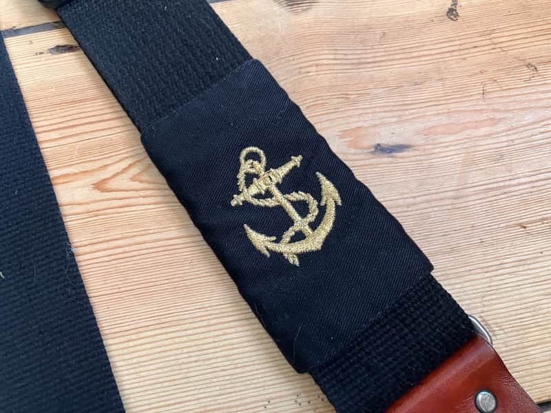 Unbranded Nylon Guitar Strap with Leather Ends & Embroided Nautical Gold Anchor Navy image 1
