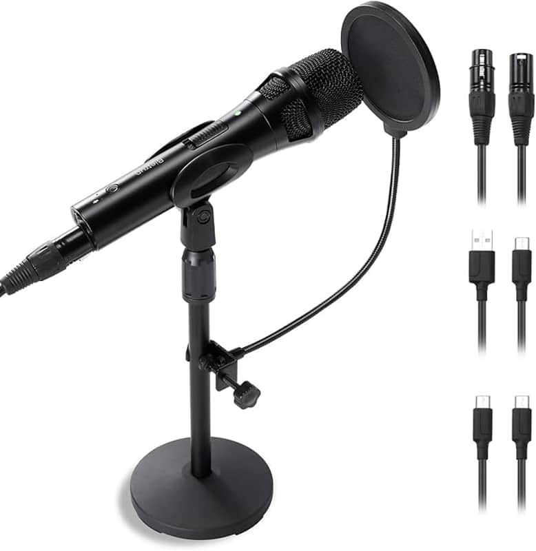 XLR/USB Dynamic Recording Microphone for Singing, Metal Studio Music Recording Microphone with Mic Gain, Desktop Stand, Pop Filter, Headphone Jack, for PC, Audio Interface, Mixer, for YouTube Video image 1