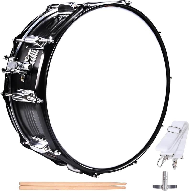 Snare Drum Set Student Steel Shell 14 X 5.5 Inches with 10 Lugs, Includes Drum Key, Drumsticks and Strap, Black Nickel image 1
