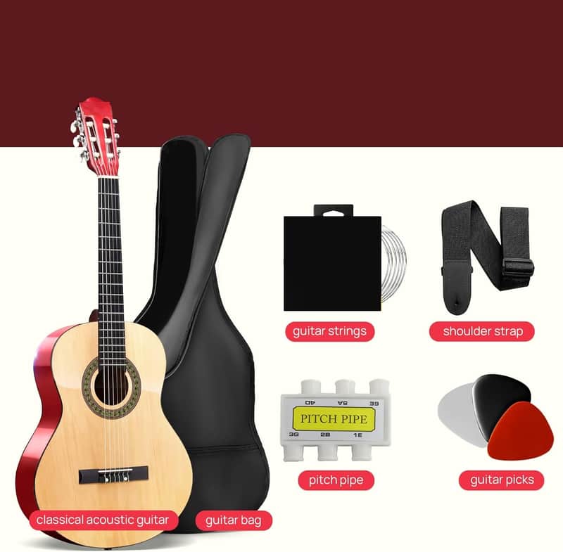 30” Classical Acoustic 6 String Linden Traditional Style Guitar w/Wood Fretboard, Case Bag, Nylon Strap, Tuner, 3 Picks-for Beginner, Children Use, Right Handed image 1