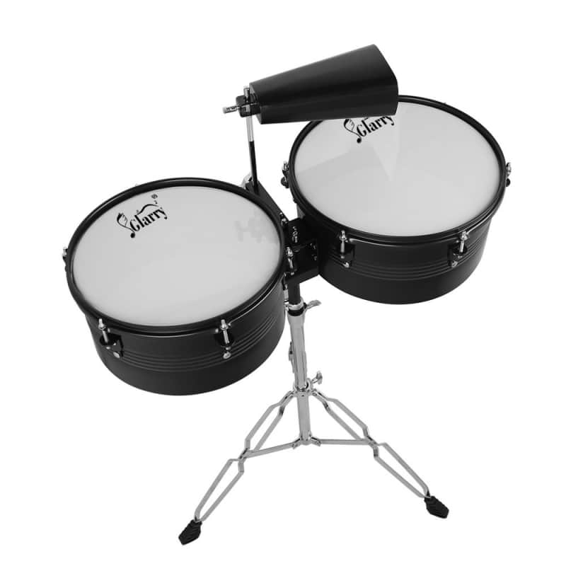 Glarry 13" & 14" Timbales Drum Set with Stand and Cowbell Black image 1