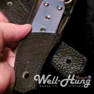 Well-Hung No Prisoners "Blue Steel"  3" wide padded black leather guitar strap with studded feature image 2