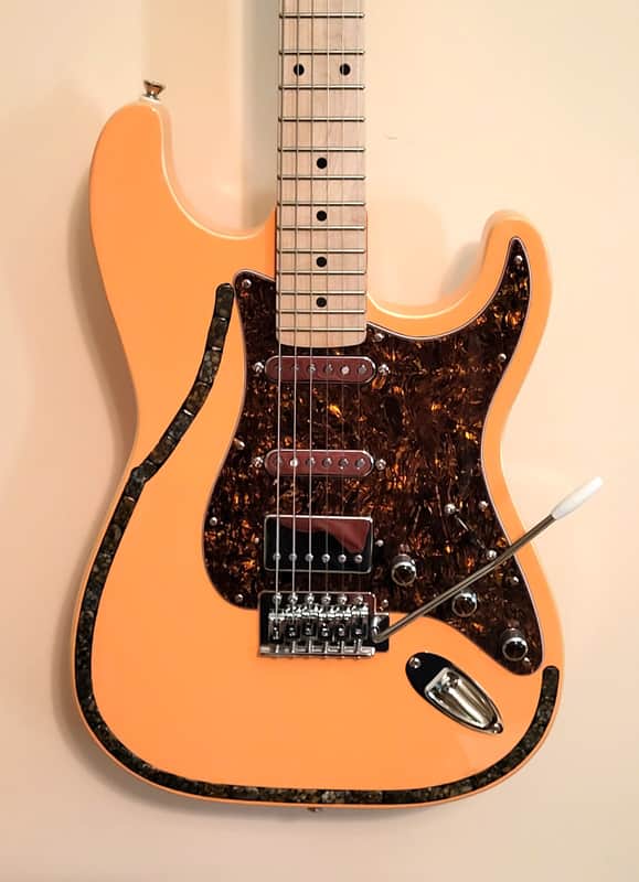 CUSTOM DESIGNED & CRAFTED - STRAT STYLE CORAL COLOR W/ INLAID STONES - RSG - SERIAL #067 - 2025 image 1