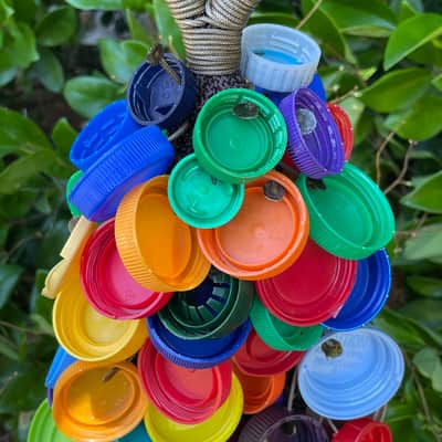 Upcycled Percussion - Extra Large Plastic Bottle Cap Waterfall Rattle / Shaker - Multicolor image 3