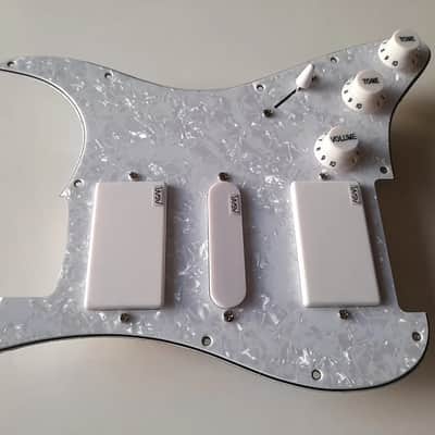 Handmade prewired HSH Neodymium Strat pickguard with HB split switch TR BL and mid PU cutoff switch image 3