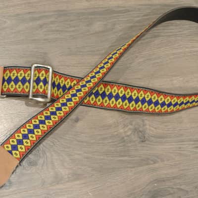 Vintage Ace Style Woven Strap- Metal Slide- Blue/Yellow Diamond Pattern image 3
