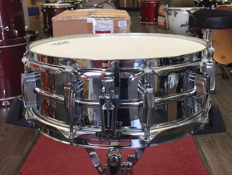 Ludwig No. 406 "B Stamp" Supraphonic 5x14" Chrome Over Brass Snare Drum with Cut Blue/Olive Badge 1970 - 1972 image 5
