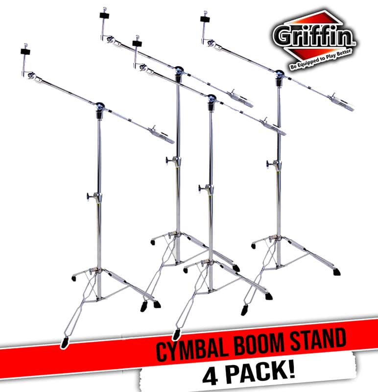 GRIFFIN Cymbal Boom Stands (Percussion TiltPro X Edition) 4 Pack – Double Braced Chrome Tripod Hardware for Drummers – Heavy-Duty Mount for Crash, Ride & Splash image 1