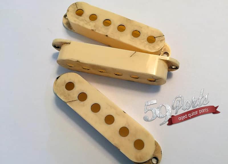 Set of 3 Hand Aged Fender pickup covers Ivory/Cream, relic, aged, Stratocaster, 59 Parts image 1