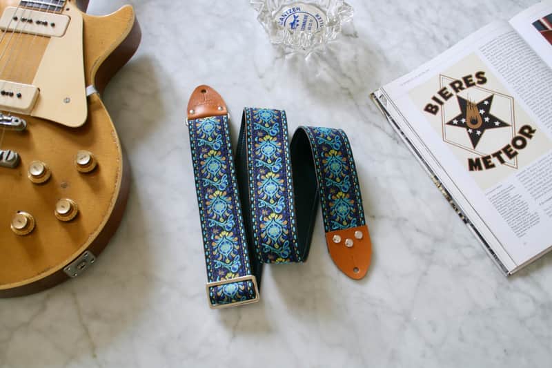 Vintage 70s Blue 'Peacock' Hippie Guitar Strap Replica image 1