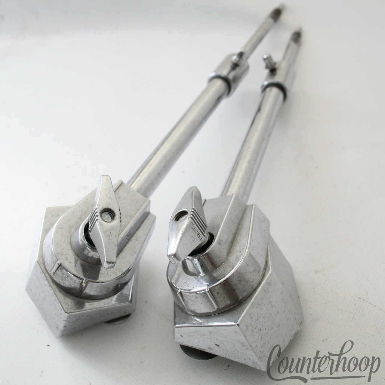 Pearl 2x Bass Drum Spurs+Mounts Heavy Duty Vintage Japan Telescoping Legs Chrome — main photograph