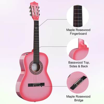 ADM Beginner Acoustic Classical Guitar 34 Inch Nylon Strings Wooden Guitar Bundle Kit for Kid Boy Girl Student Youth Guitarra Online Lessons with Gig Bag, Strap, Tuner, Strings, Picks, Pink image 4