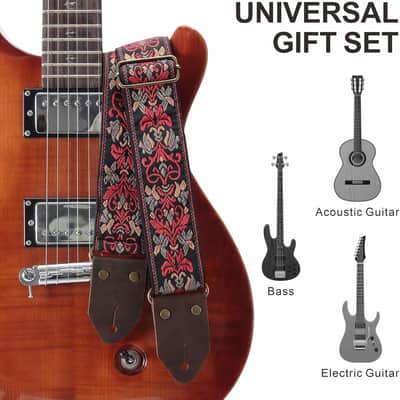 Guitar Strap,Jacquard Embroidery Cotton Guitar Straps with Crazy Horse Leather Leather Ends for Bass, Electric & Acoustic, Best Gifts for Kids, Guitarists(Retro Red Flower) image 4